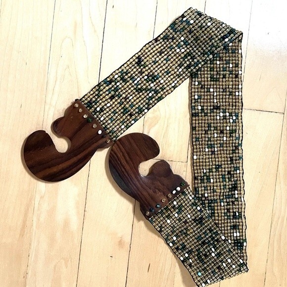 Vintage Beaded Elastic Belt with Wooden Interlocking Buckle S - Picture 4 of 8